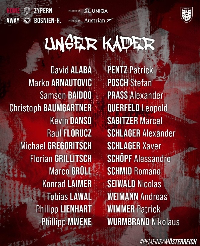 KAIYUN-奥地利大名单：阿拉巴领衔，萨比策、莱默尔、阿瑙、丹索入选